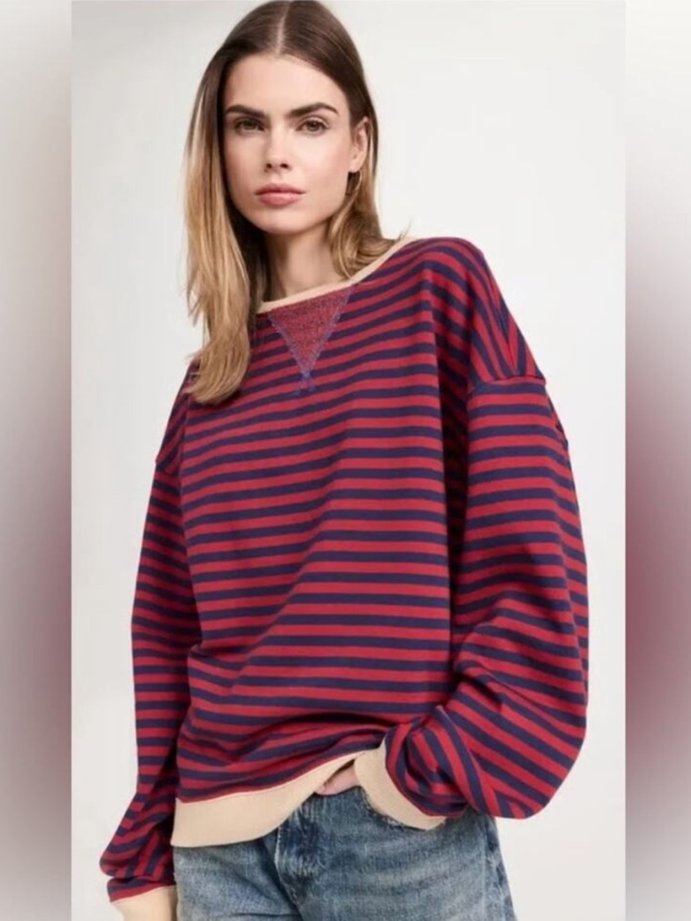 Free People Striped Pullover Sweatshirt in Burgundy and Navy - Picture 2 of 7